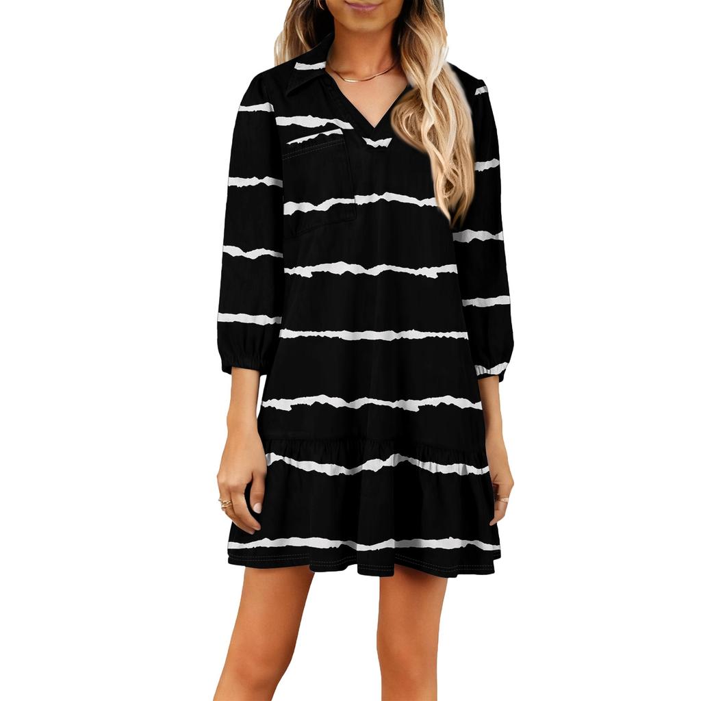 Damenmode Elegant Herbst Und Winter Langarm V-Ausschnitt Weihnachtsprint Kleid