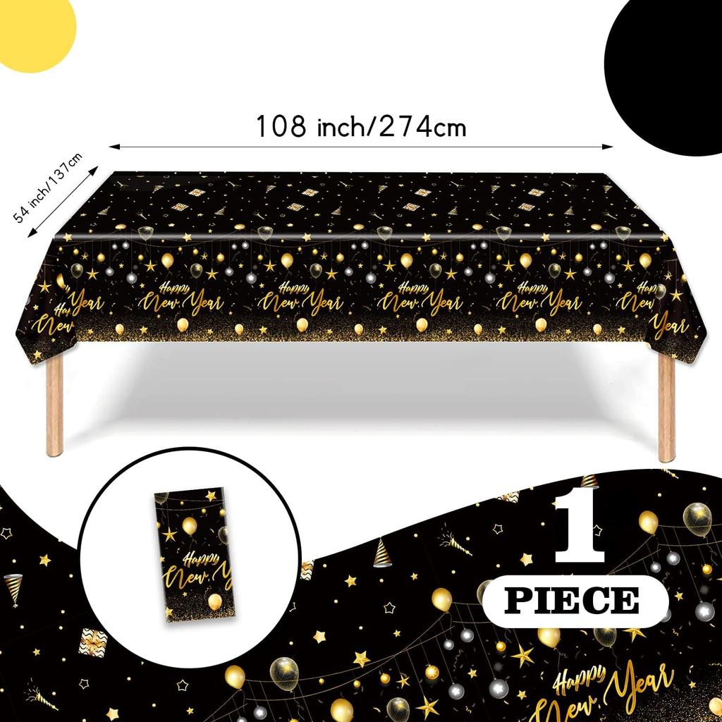 PARSUP 1PC Happy New Year Tablecloth - Disposable Black Gold NYE Theme Party Supplies - Rectangular Plastic Table Cover, 108 x 54'