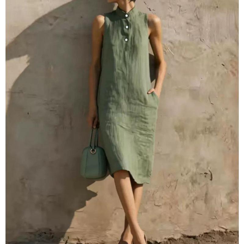 Abito Midi Casual da Spiaggia da Donna, Aderente, Senza Maniche, Colore Unito, Linea A