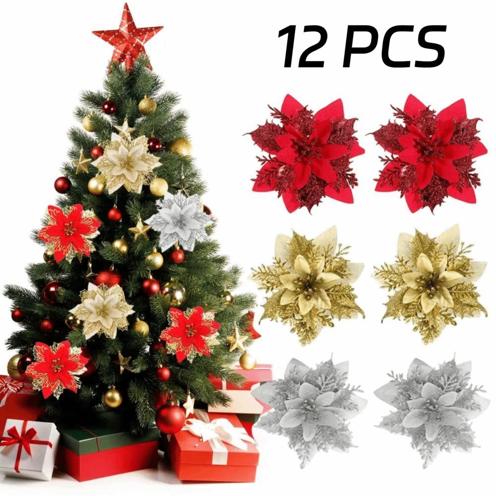 12Pcs With Clips Artificial Christmas Flowers with Stems Christmas Fake Blooms Wedding Decor