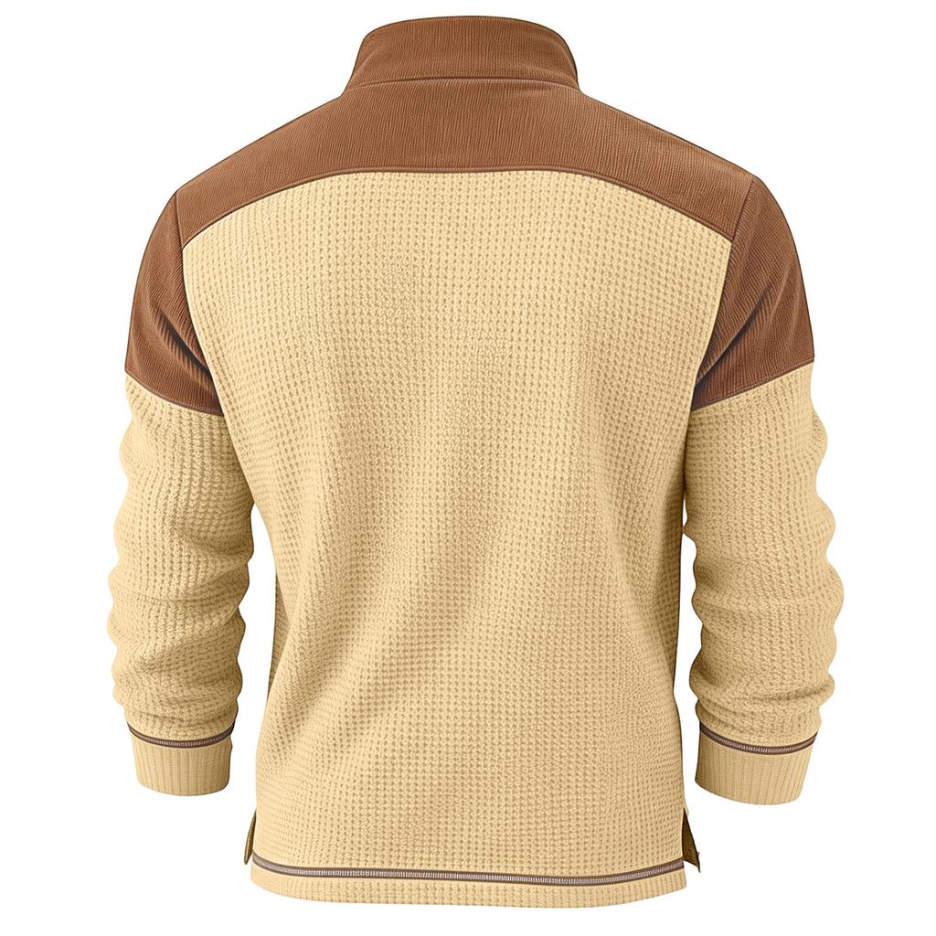 Mens Long Sleeve Knit Henley Shirt Pullover Casual Patchwork Top with Stand Collar