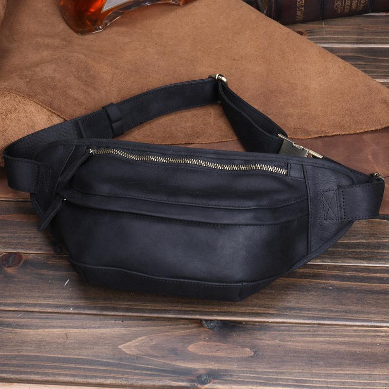 Genuine Leather Men's Waist Bag, Crazy Horse Leather Men's Head Cover Layer, Cowhide Small Chest Bag, Crossbody Sports Phone Bag