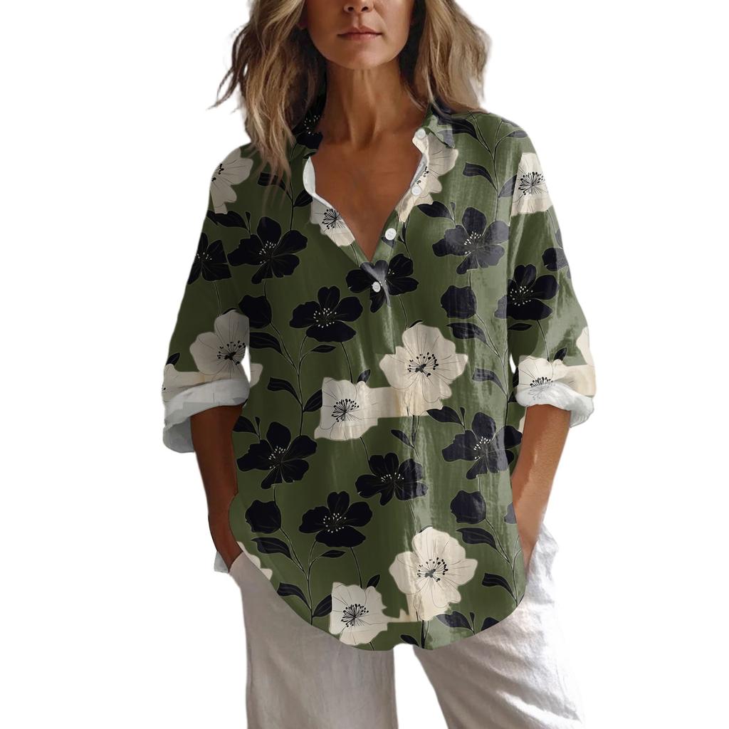 Chemise Pullover Décontractée à Revers et Manches Décontractées Imprimée Ample pour Femmes Printemps et Été