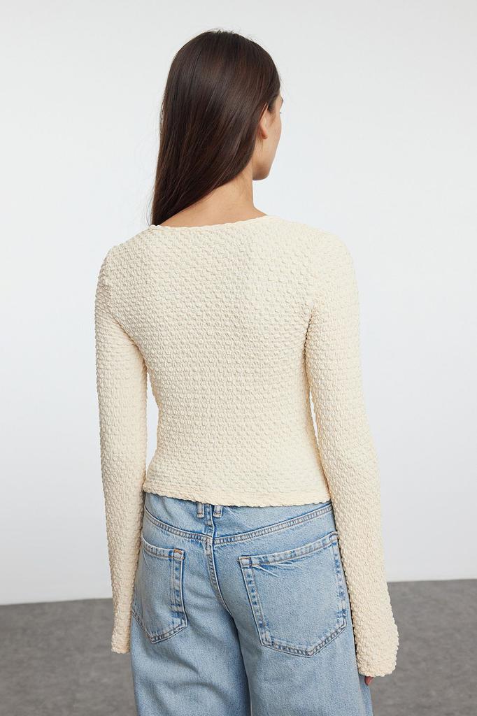 Women's Fashion Dark Beige Premium Textured Fabric Double Breasted Neck Regular Normal Fit Crop Knitted Blouse