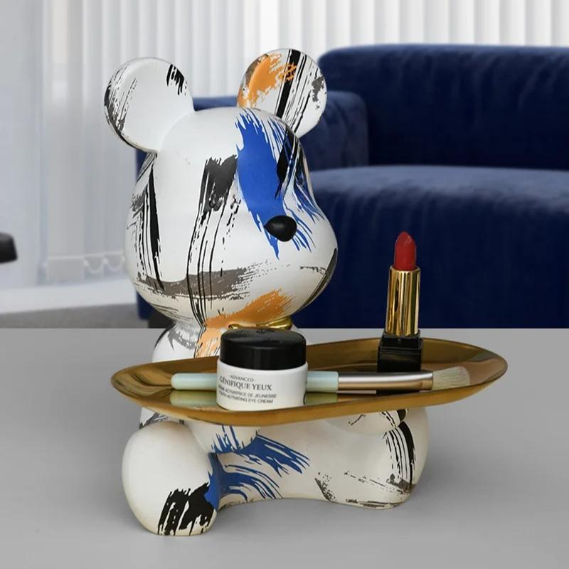 Trendy Colorful Graffiti Bear Abstract Resin Storage Statue Cute Doodle Animal Organizer Desk Holder for Home Office Ornaments