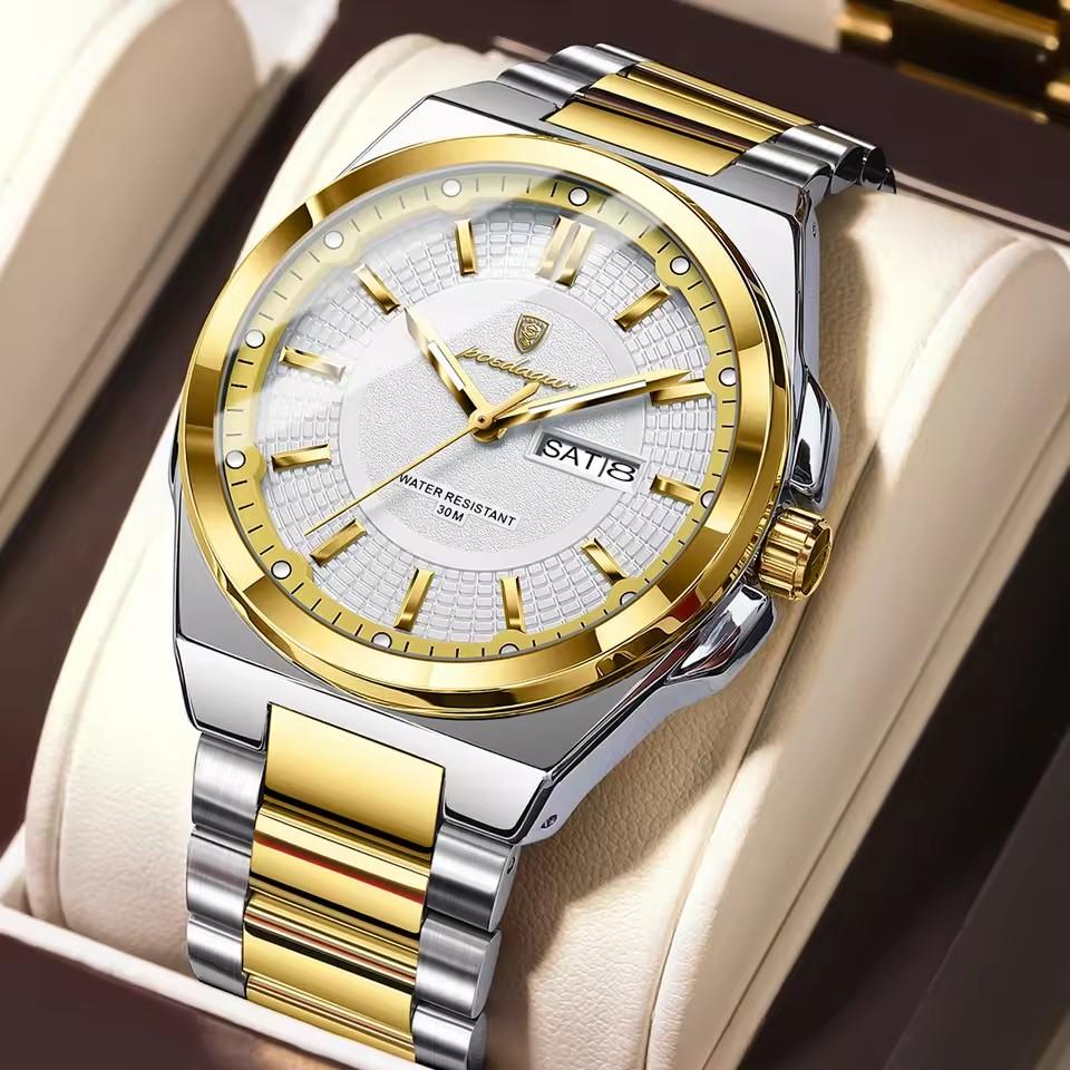 POEDAGAR 896 Stainless Steel Strap Fashion Gold Dial Diver Watch Men Waterproof Date Quartz Clock Sport Luminous Watches Relogio