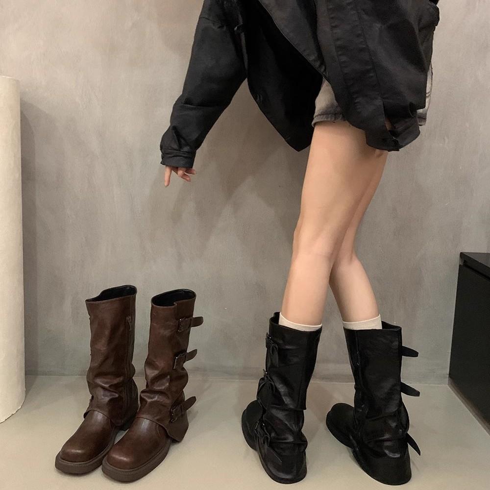 Foreign style is huge, good-looking medium boots for women's 2025 new popular super fire pile leather boots thick heel brown short boots