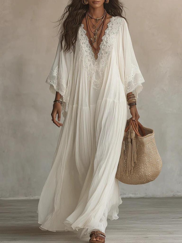 Bohemian Lace Patchwork Chiffon Dress - Western Style Hot Item