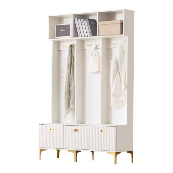 Wardrobe Set with Bench, Multifunctional Storage Bench, Open Storage, 6 Golden Hooks And Feet, Suitable for Hallway, Living Room, White