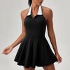 Womens Sporty Halter Neck Tennis Dress With Contrast Collar Golf Fitness Jumpsuit Active Wear