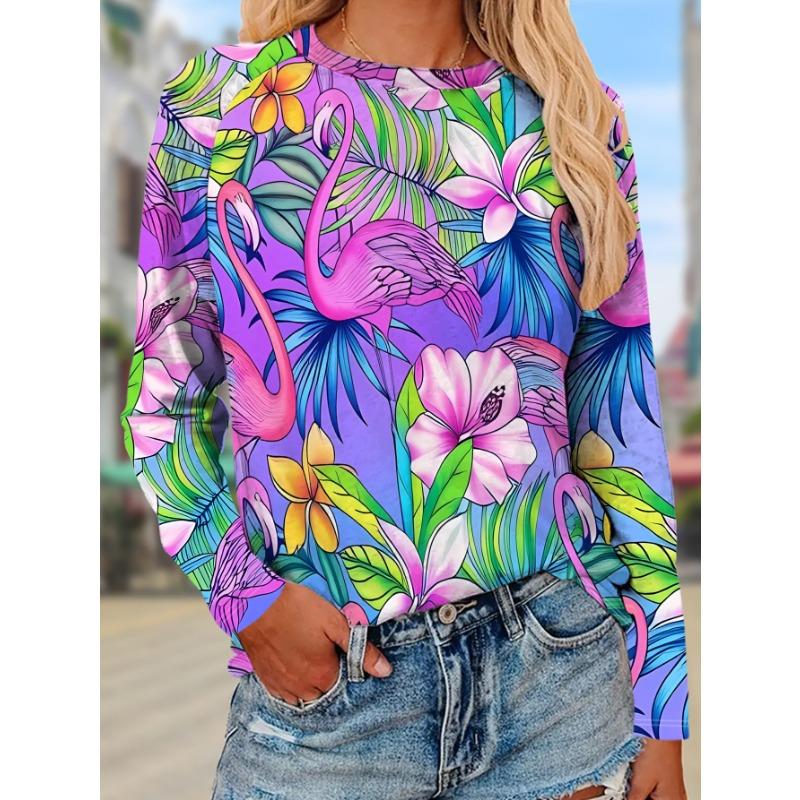 Women's Long-sleeved T-shirt Tropical Flamingo Flower Print Top Fashionable Casual Versatile Personalized Trendy T-shirt