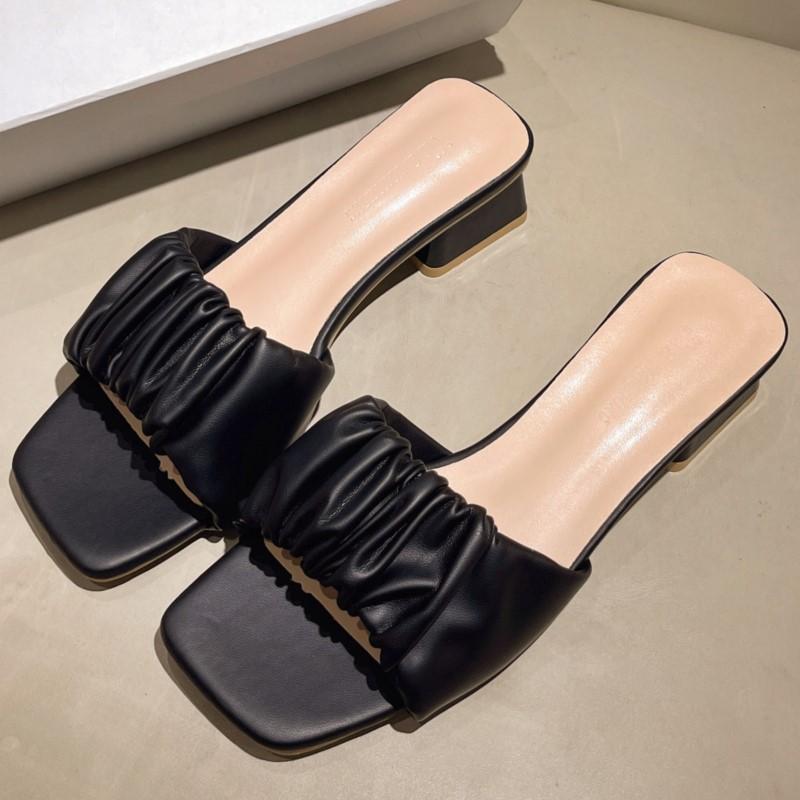 

Fashion Womens Plus Size Square Toe Crinkle Strappy Slides Korean Summer 2025 Slip-On Sandals Comfortable Outdoor Casual Lazy Slippers 40