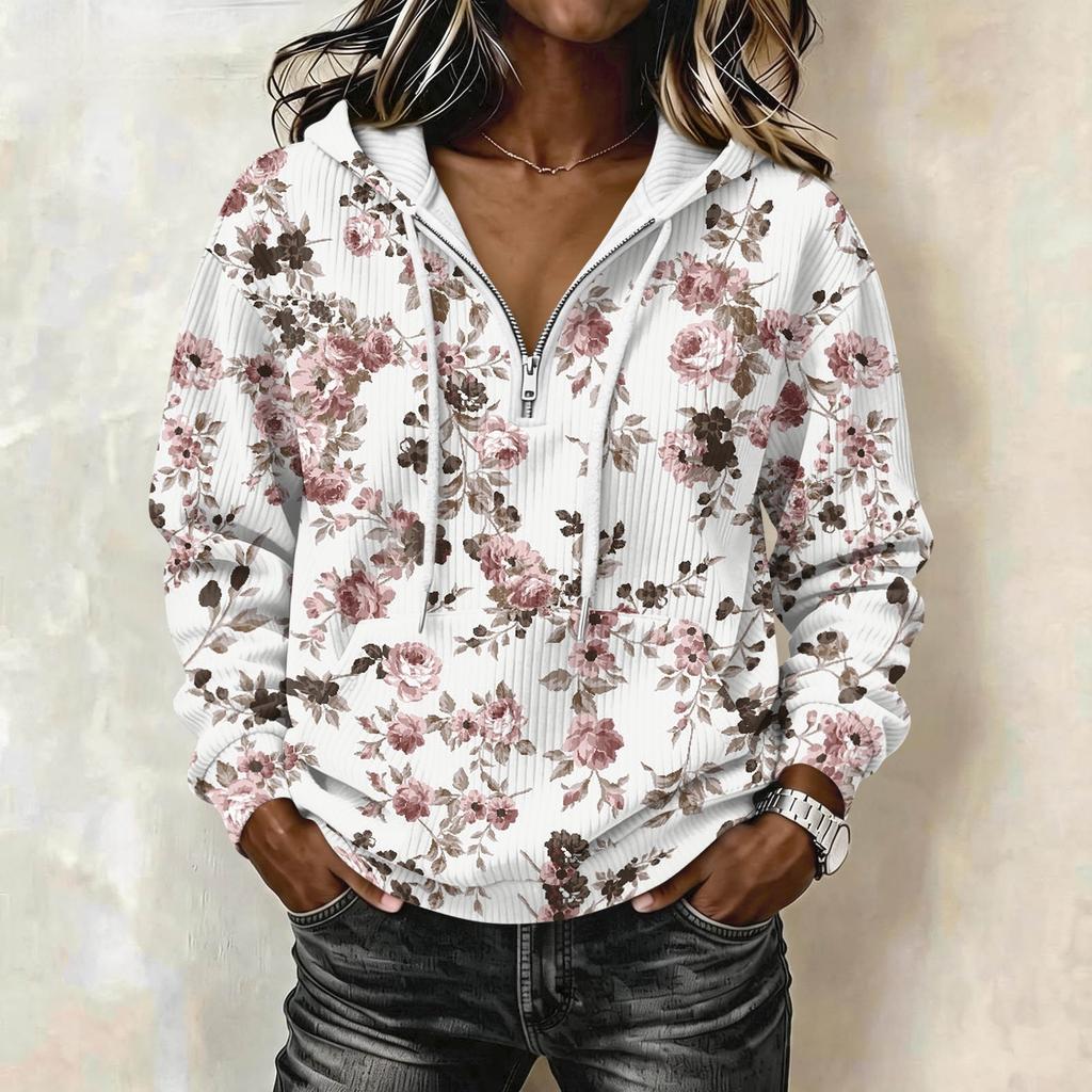 Felpa con Cappuccio Stampa Vintage da Donna a Manica Lunga - Felpa Casual