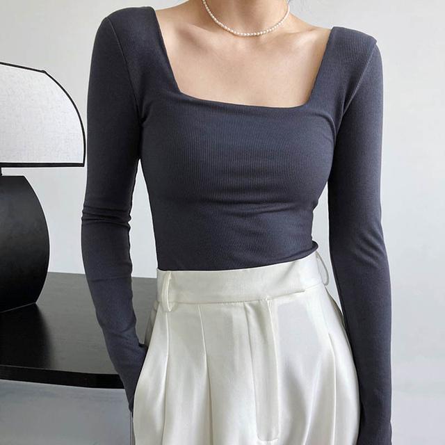 Long-sleeved Square-neck T-shirt Women's Slim-fit Exposed Collarbone Low-neck Short Top Bottoming Shirt