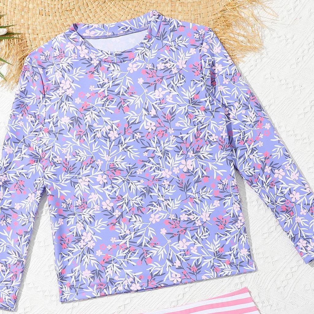 Girls' Long Sleeve Striped 2-Piece Swimsuit - 2025 New Style