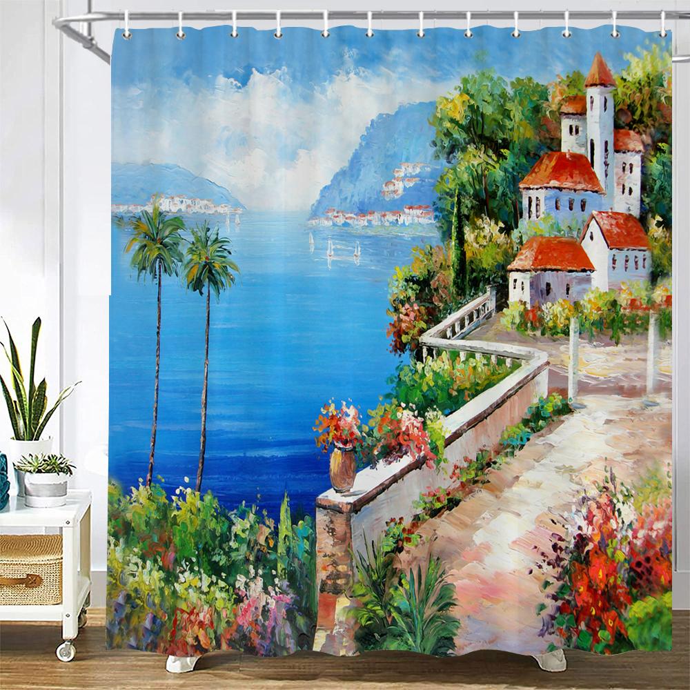 Natural landscape Shower Curtain Decor Waterproof Fabric Bathroom Curtains Painting Forest Seaside Scenery Bath Screen with Hook