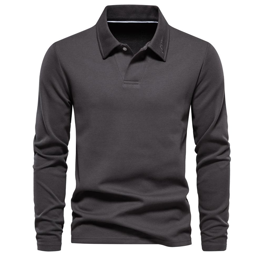 Polo da uomo primavera e autunno, nuova camicia casual a maniche lunghe con colletto tinta unita, tendenza, con risvolto.