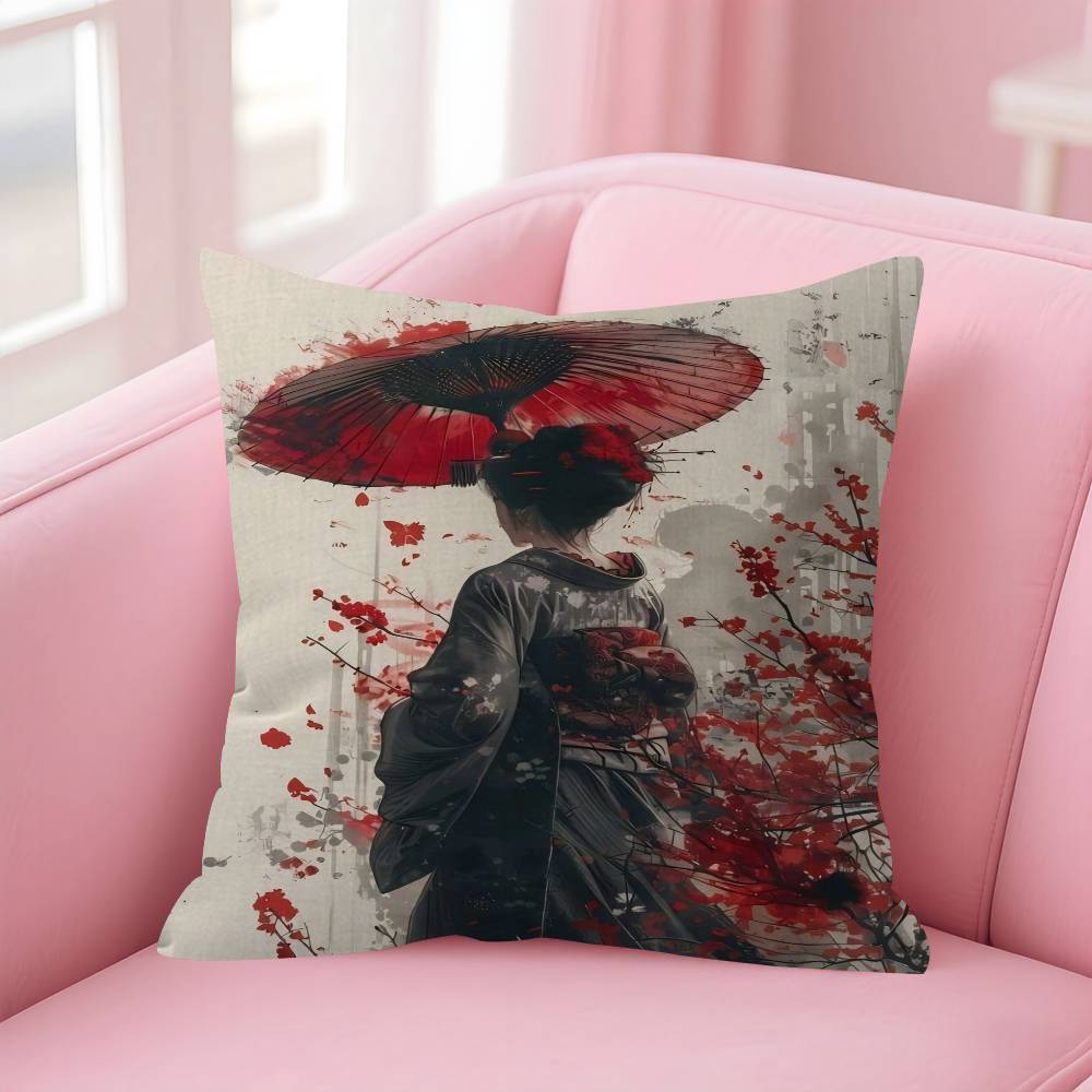 Landscape Samurai Geisha Bonsai Torii Gate Sakura Pillow Cover For Bedroom Room And Living Room Sofa Decorative Cushion Cover