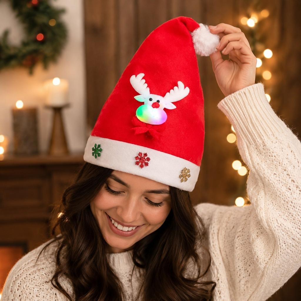 Unisex Adult Christmas Hat with Velvet Snowflake and Light Effects, Santa Snowman Holiday Headwear for Men and Women