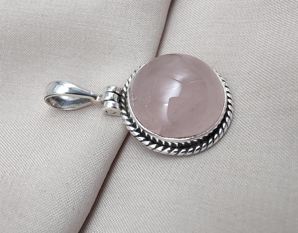 Handmade Rose Quartz Pendant: 925 Sterling Silver Round Necklace