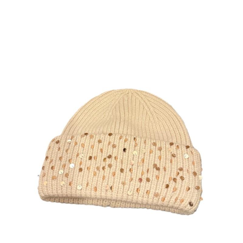 Winter Warm Knit Hat With Rabbit Fur Sequins Ear Flaps Outdoor Use