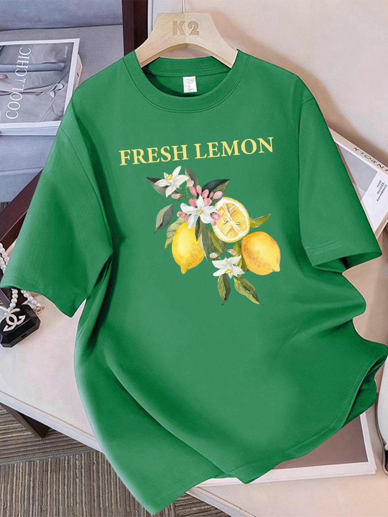 100 Cotton Summer TShirts Womens Fresh Lemon Flowers Printing Tops Comfortable Soft ONeck Short Sleeve Casual Womans Clothes
