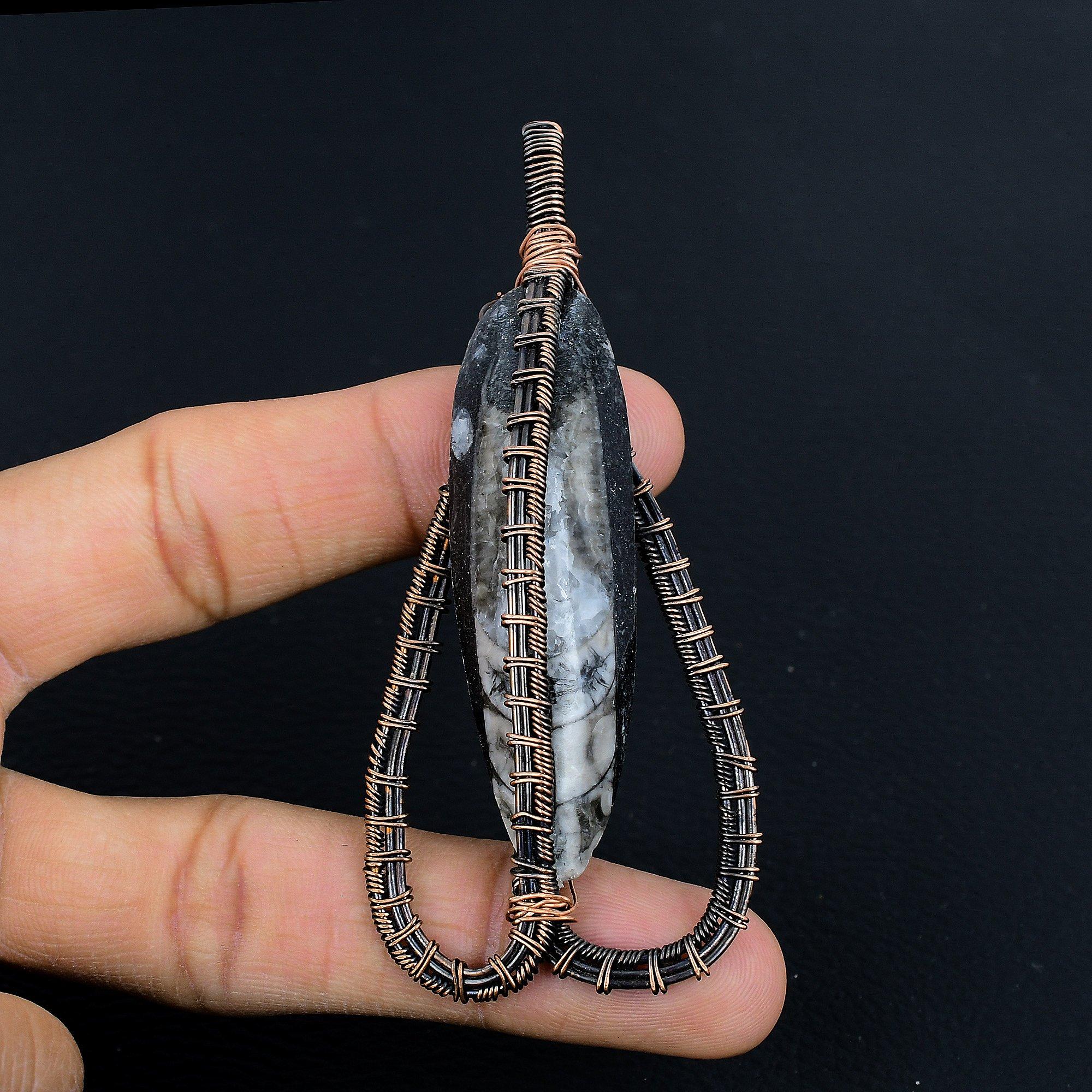 

Украшения с окаменелостями ортоцерасов, Кулон, обмотанный медной проволокой 999 пробы, Ювелирные изделия из драгоценных камней ручной работы, Подарки на свадьбу 2.55 Inches