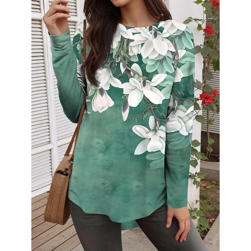 Autumn and Winter Women's Color Flowers 3D Printed Crew Neck Long Sleeve T-Shirt