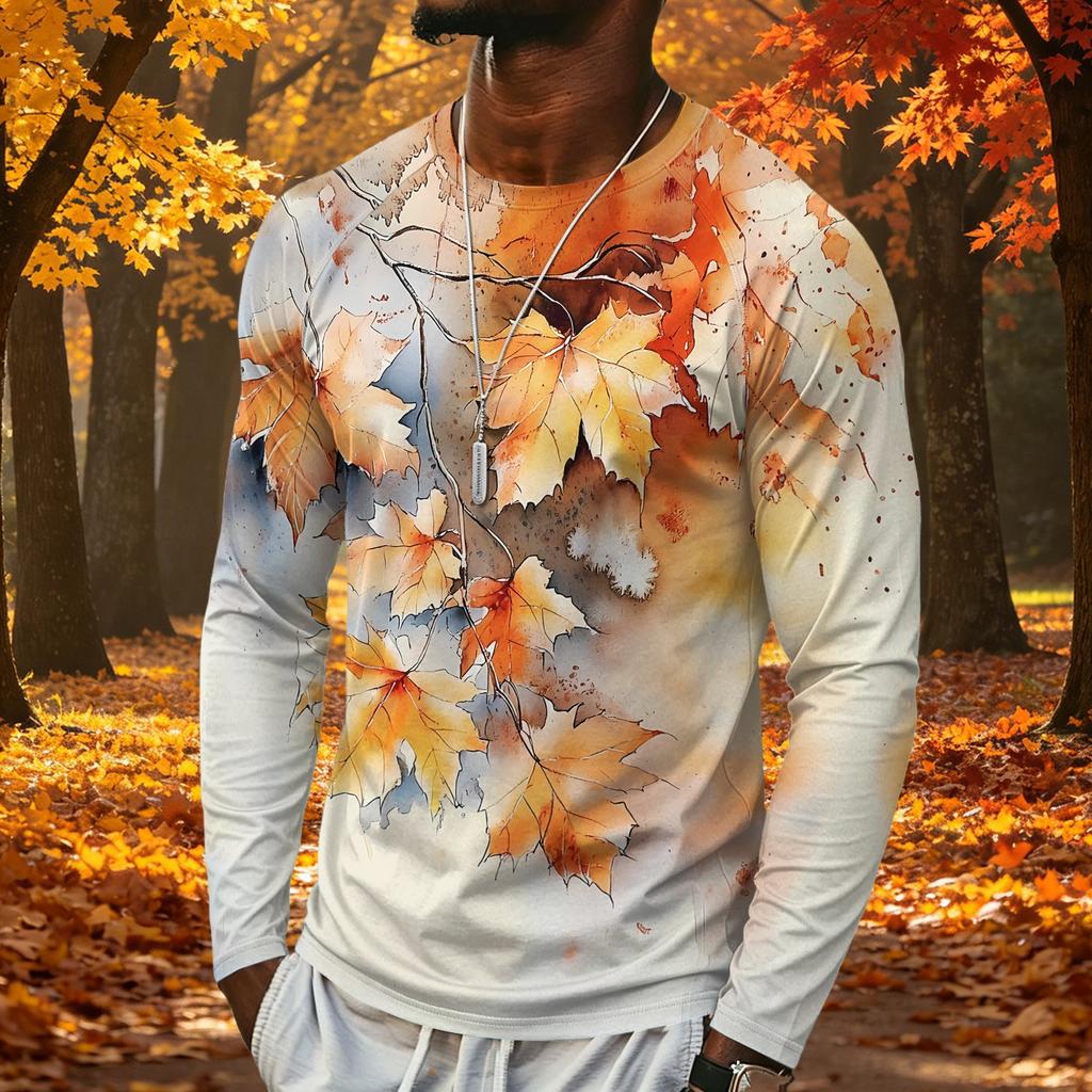 T-shirt da uomo a maniche lunghe con stampa di foglie d'acero, top casual leggero girocollo per autunno e inverno