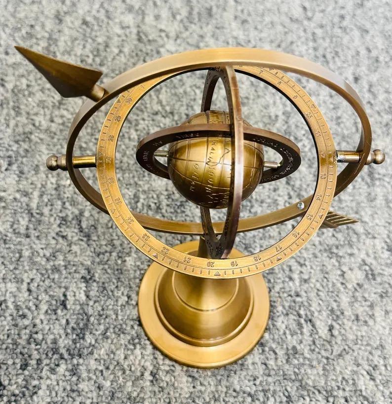 Brass Armillary 10'' Sphere With Arrow Nautical Maritime Engraved Globe Rashi