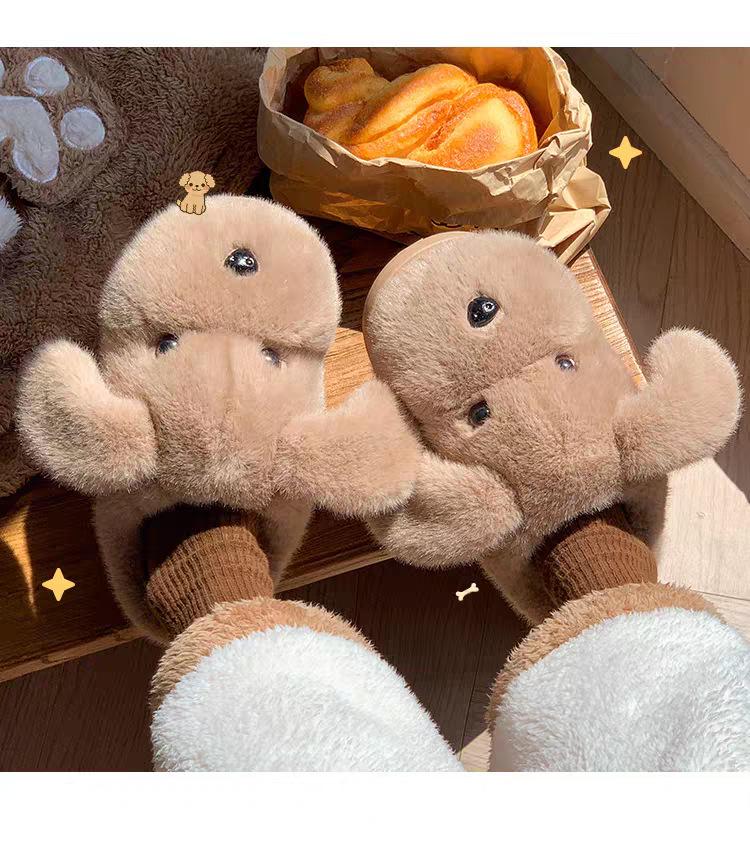 2025 Dámské roztomilé plyšové bavlněné pantofle s pejskem - Hřejivé, protiskluzové vnitřní zimní boty do studentských kolejí