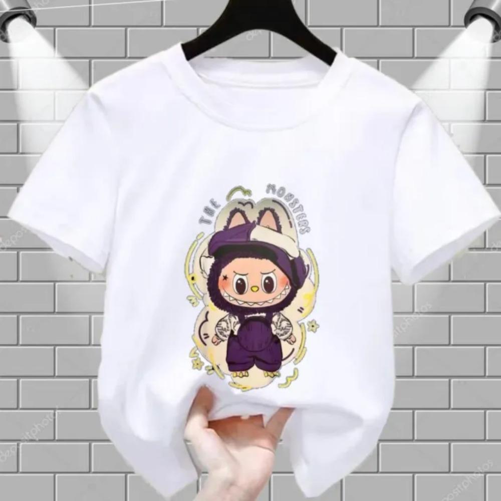 Summer Children's T-shirt Cartoon Labubu Artist Print Girl Round Neck Short Sleeved Casual Multi Color Children's Top