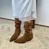 French Style Knee High Boots Women's Pointed Toe Medium Heel Boot Autumn Winter 2025 New Arrival Belt Buckle Design