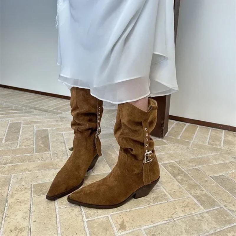 French Style Knee High Boots Women's Pointed Toe Medium Heel Boot Autumn Winter 2025 New Arrival Belt Buckle Design