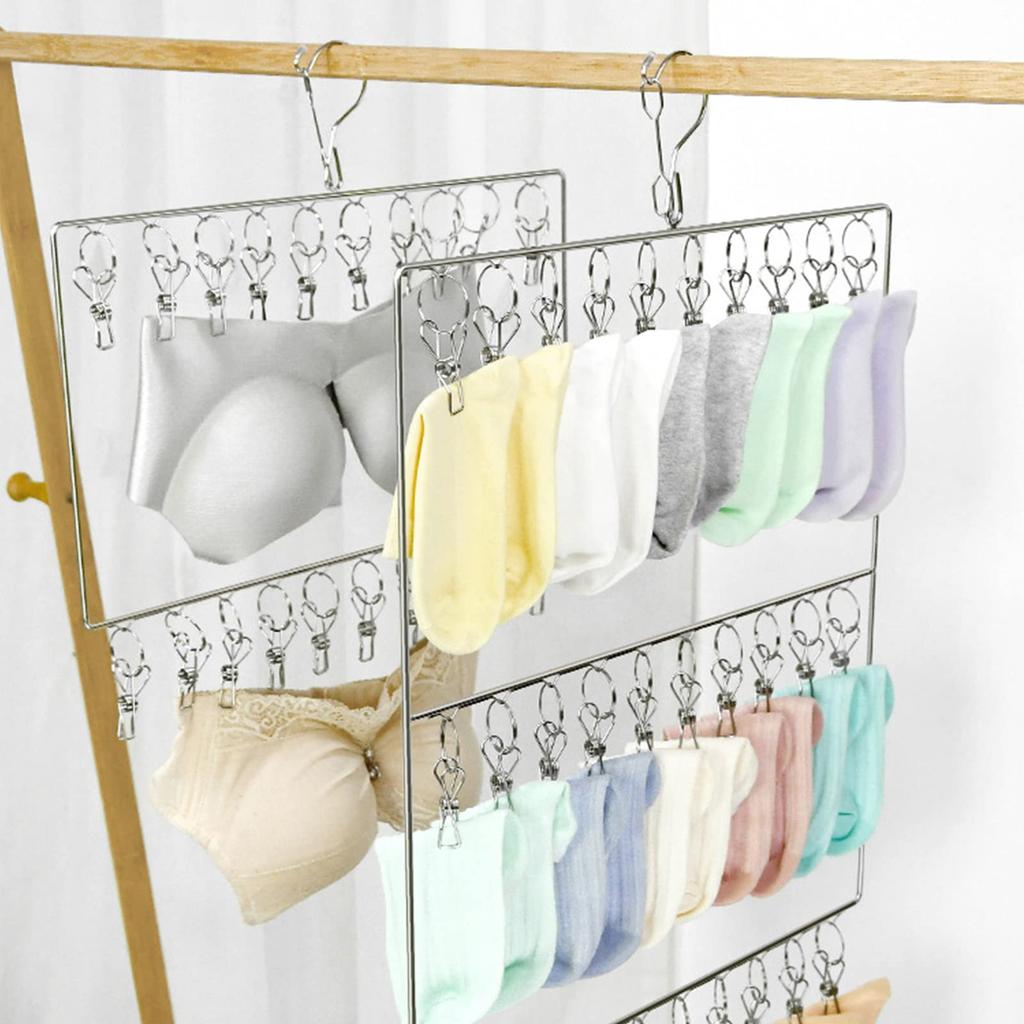 Windproof Stainless Steel Sock Drying Rack, Clothes Drying Hanger for Bras and Underwear (2 Layers, 20 Clips)