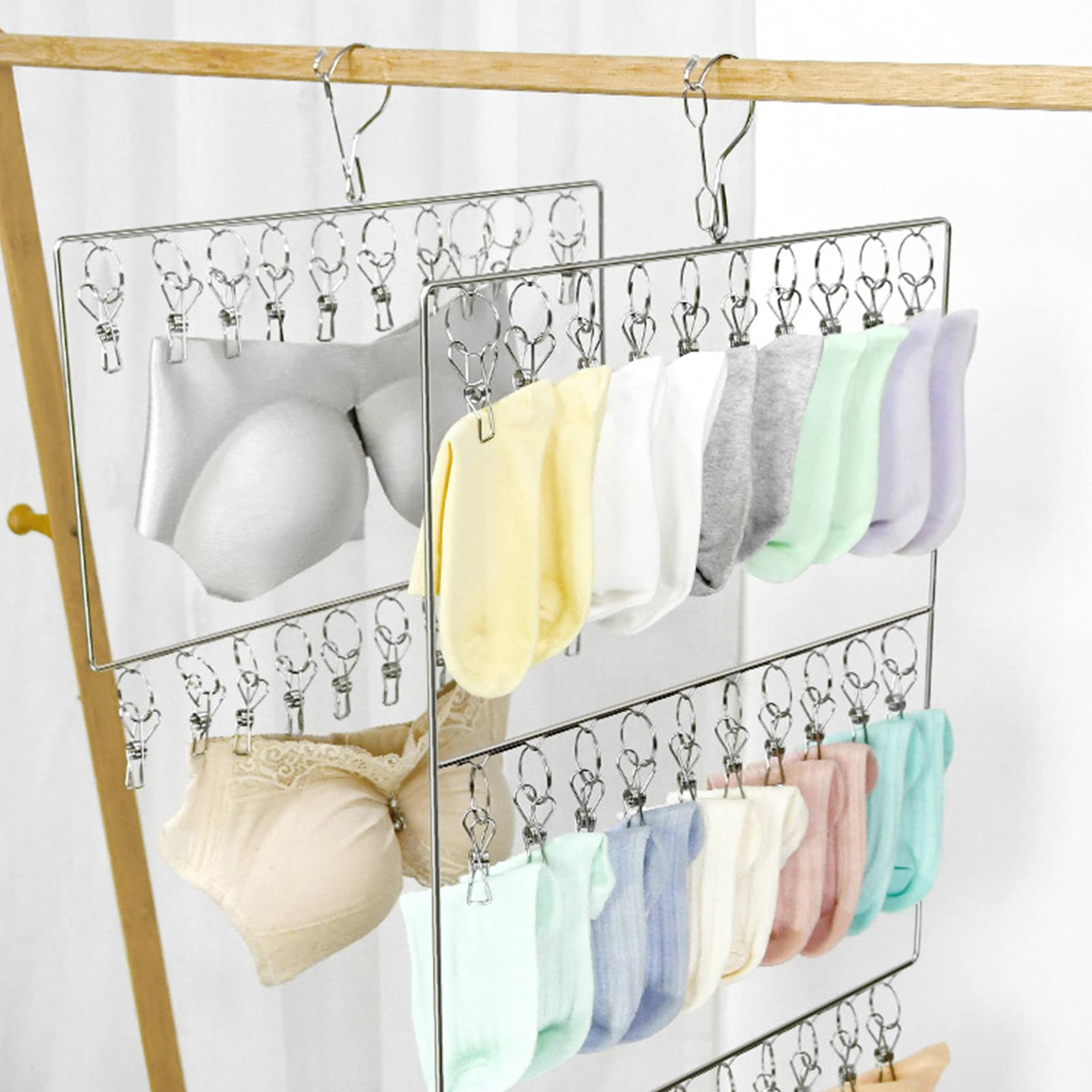 

Windproof Stainless Steel Sock Drying Rack, Clothes Drying Hanger for Bras and Underwear (2 Layers, 20 Clips)