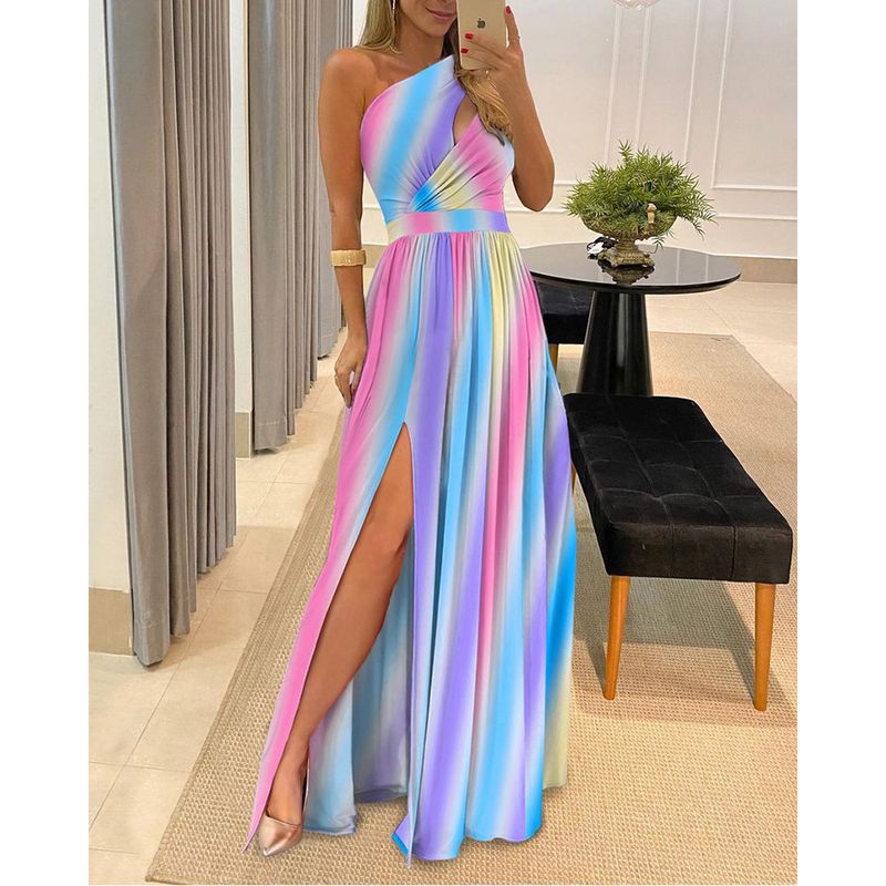 High Waist Split Dress Women's New Slant Shoulder Elegance Sleeveless Sexy High Waist Slit Dress