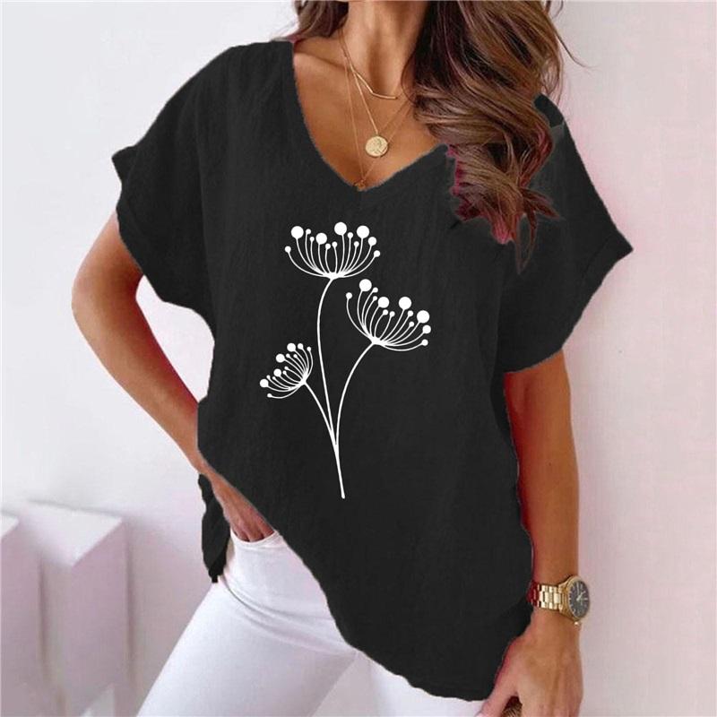 Women's Summer European And American Plant And Flower Printing V-neck Cotton And Linen Casual Bat Short-sleeved T-shirt Women