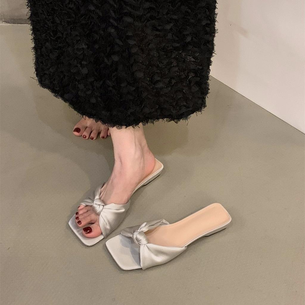 Thick heel gentle bow French small cool slippers fairy shoes wear 2025 new summer with skirt sandals