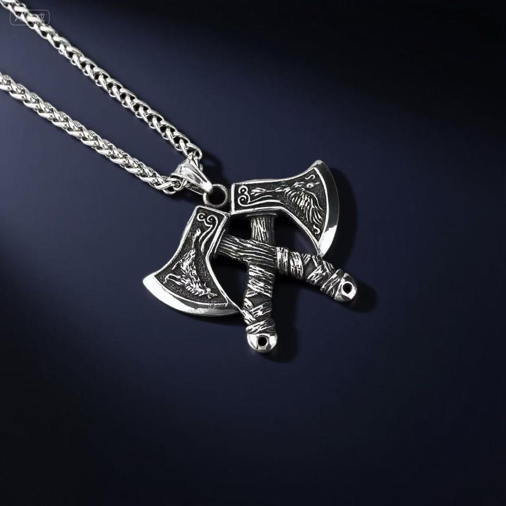 Stainless Steel Viking Axe Pendant Chain Necklace for Men Jewelry Accessory Gift Box