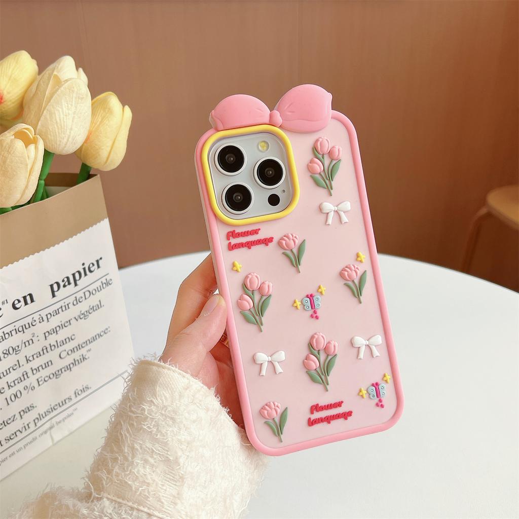 For iPhone 16 Pro Max Silicone Case Cute 3D Tulip Design Shockproof Phone Back Cover with Lanyard