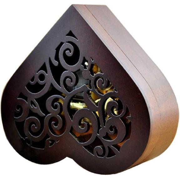 FnLy Antique Engraved Wooden Wind-Up Musical Box,Love Story Musical Box,with Gold-Plating Movement in,Heart-Shaped