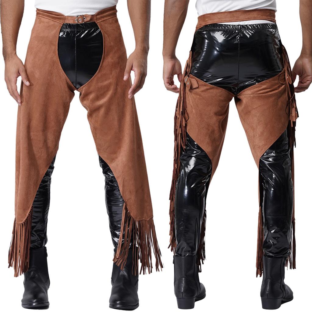 Chaps Cowboy Vintage cu Franjuri pentru Bărbați, Pantaloni de Suedă cu Cataramă Ajustabilă, Design cu Croiala Deschisă pentru Halloween și Petrecere cu Tematică Western