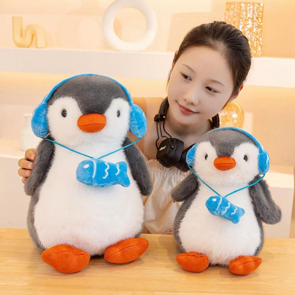 25/35cm New Simulation Penguin Doll with Headphones Plush Toy Cartoon Anime Cute Pillow for Children's Birthday Gift Fun Doll