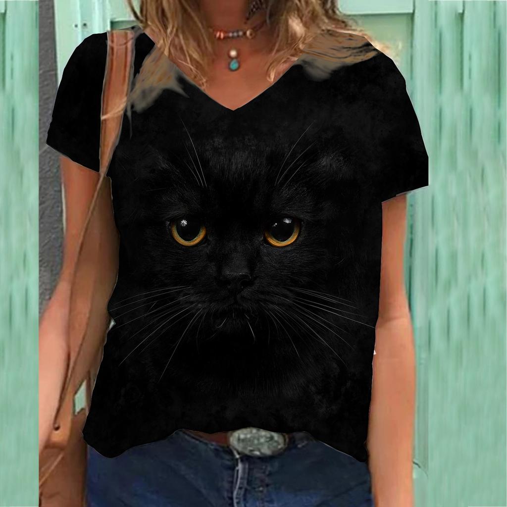Butterfly Cat Theme Series 3D Printed T-shirt V-neck 3D Printed Women's Short Sleeved T-shirt Top