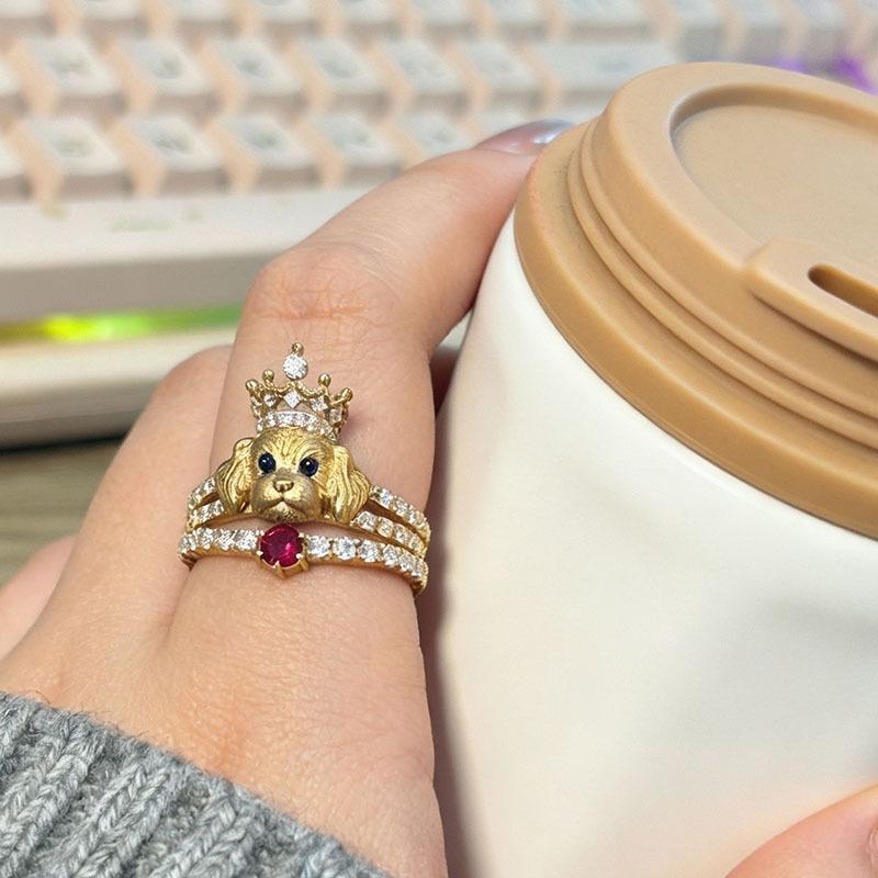3D Puppy Kitten Ring Adorable Crown Bow Enamel Animal Design Perfect for Women Jewelry Gifts