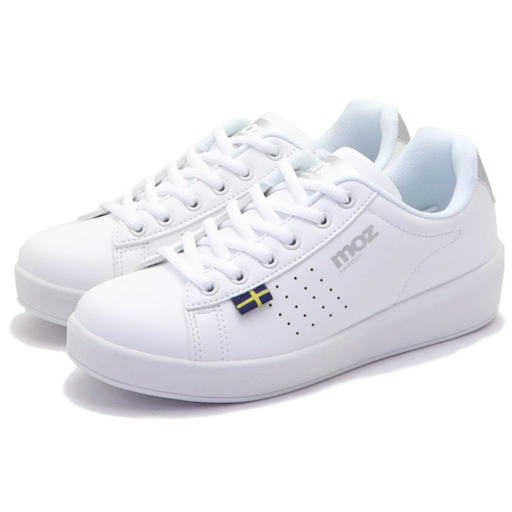 Mozu Platform Court Casual Size 19612 Women's Lace-Up Sneakers, White/Silver, 25.0cm, No.