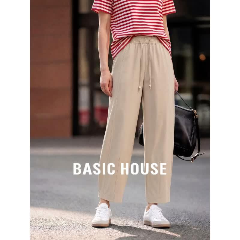 Basic House Women s Ice Silk High Waist Cropped Straight Leg Pants L