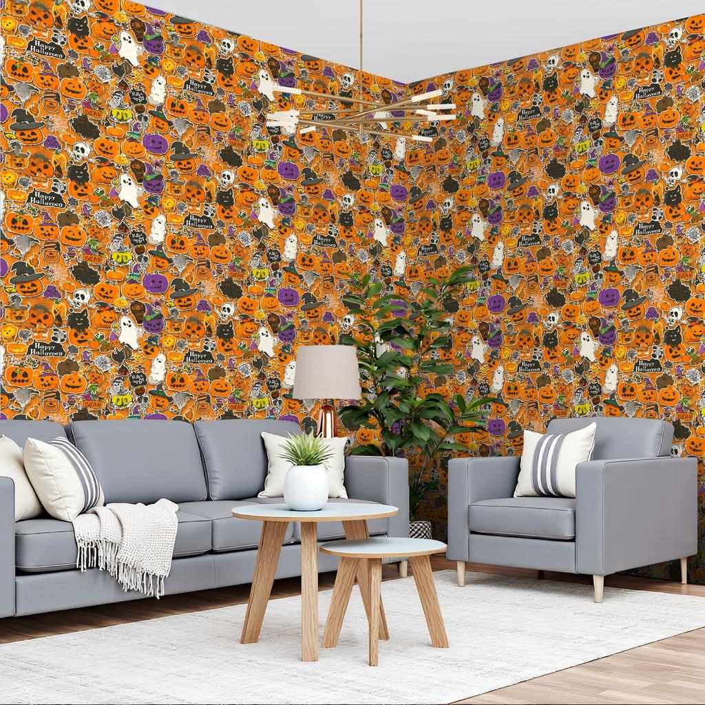 Halloween Sticker Collage Wallpaper 22.83"X118" Waterproof Wallpaper for Living Room/Bedroom/Bathroom PVC Wall Sticker