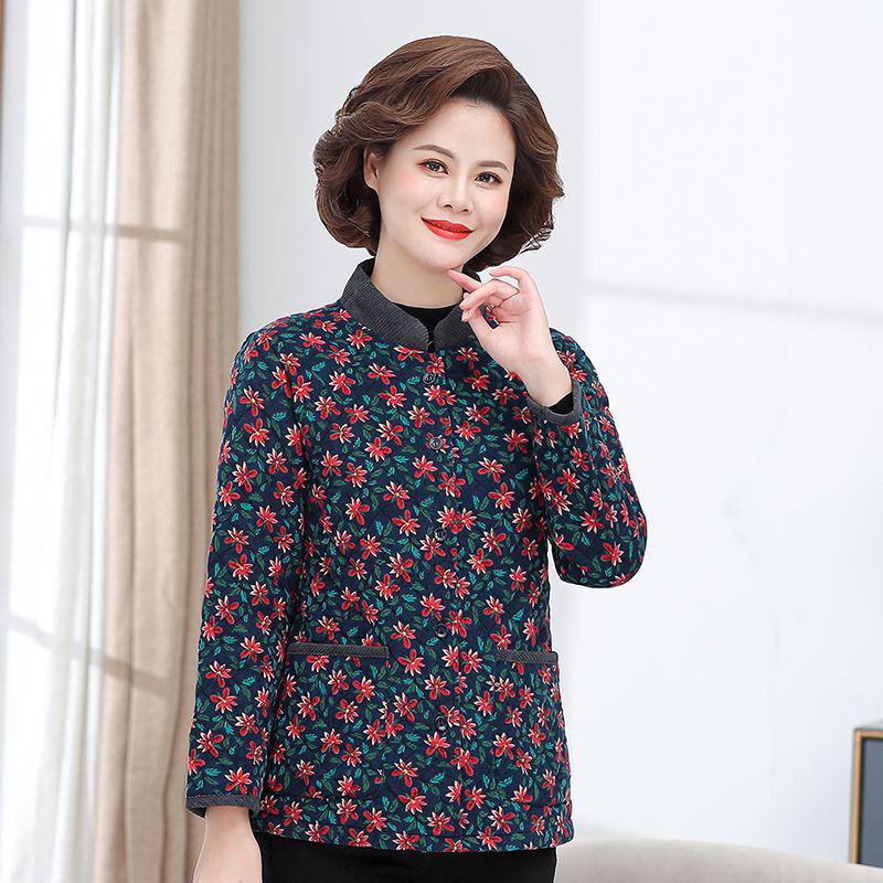 Women's Floral Corduroy Quilted Jacket - Lightweight Autumn/Winter Fashion for Middle-Aged & Elderly
